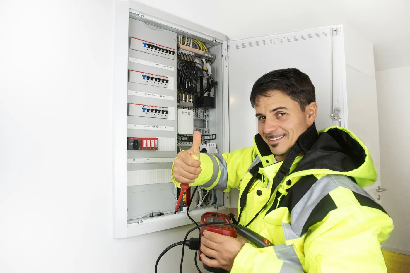 An electrician in a high-visibility jacket checks a meter cabinet and gives a thumbs up